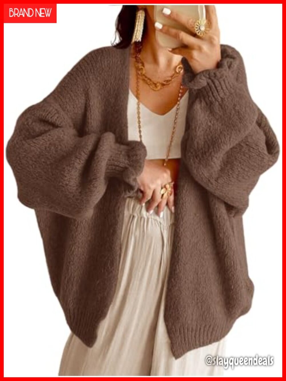 Oversized Chunky Knit Open Front Cardigan Lantern Sleeve Women's Sweater